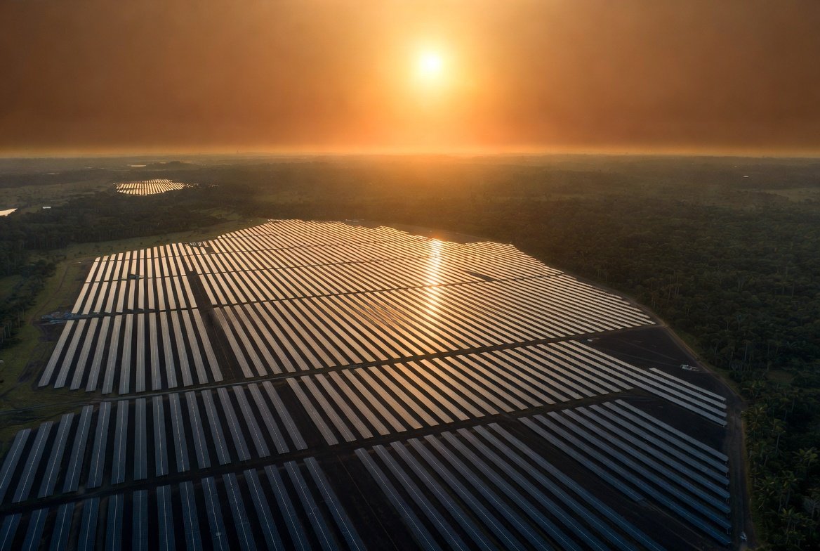 Usina solar ao pôr do sol
